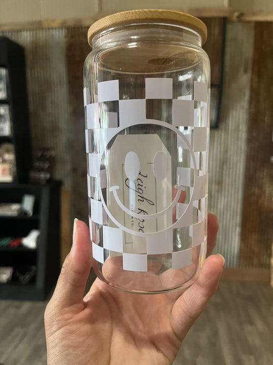 Checkered Print Smiley Face Glass Cup | Floral | Leigh Rose Design Co