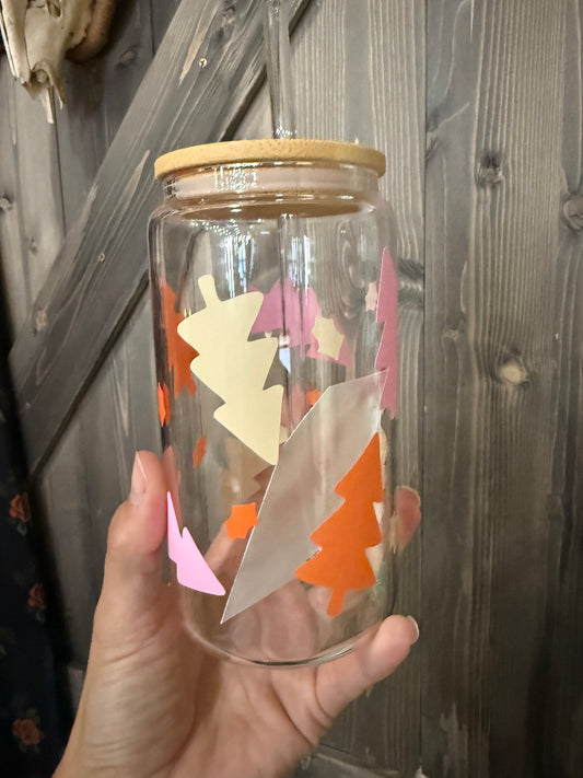 Pink & Orange Christmas Trees Glass Cups | Leigh Rose Designs