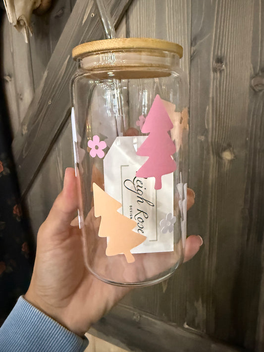 Pink & Peach Christmas Tree Glass Cup | Leigh Rose Designs
