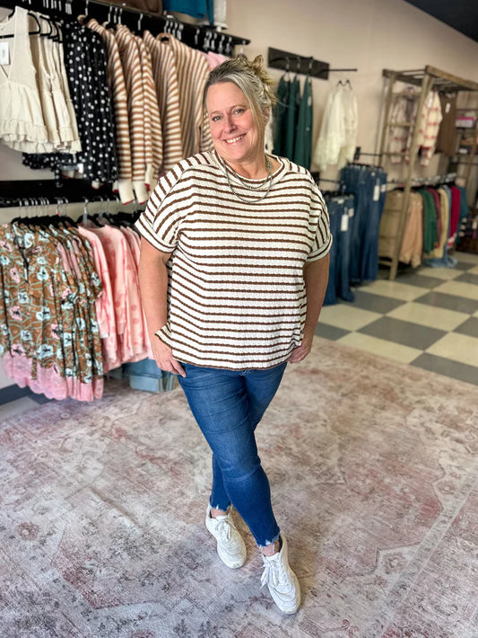 Mocha Stripe Boat Neck Box Tee | Muddy Creek