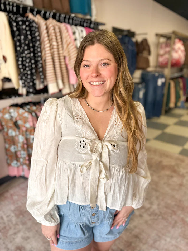 Floral Embroidery Front Tie Top | Muddy Creek