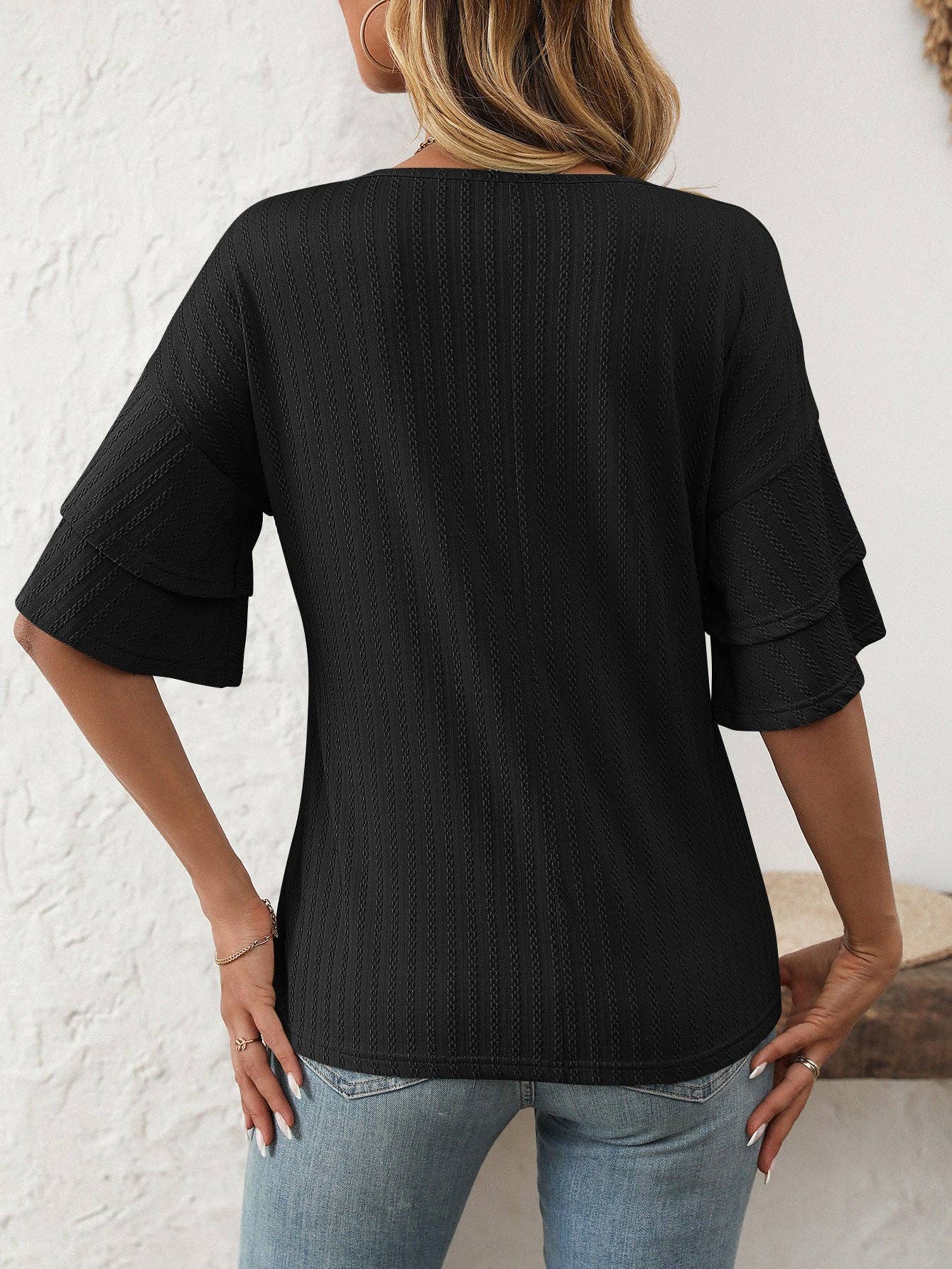 2026 Spring Solid Color V-Neck Ruffle Sleeve ShortSleeve Top