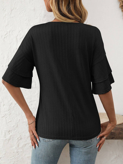 2026 Spring Solid Color V-Neck Ruffle Sleeve ShortSleeve Top