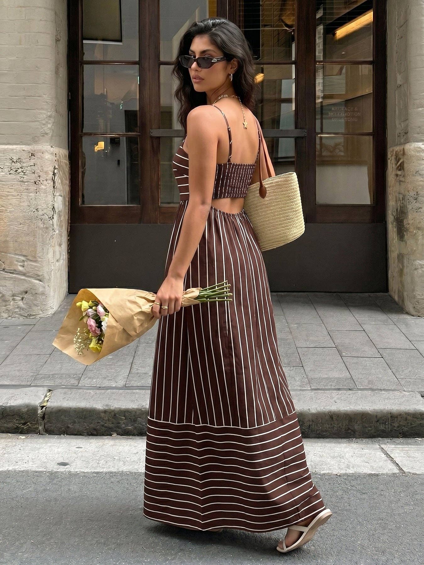 Striped Polyester Maxi Dress Resort Spaghetti Strap