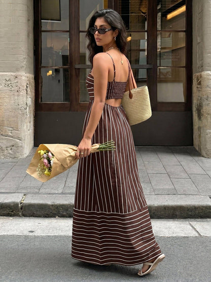 Striped Polyester Maxi Dress Resort Spaghetti Strap