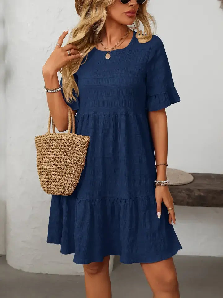 Ruffle Sleeve Tiered Mini Dress Flowy Summer Casual: Bean paste powder / 100% Polyester / L