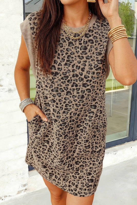 Leopard Textured Sleeveless Mini Dress with Pockets