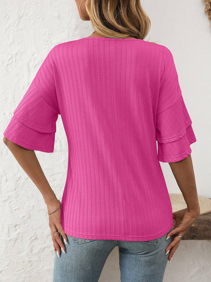 2026 Spring Solid Color V-Neck Ruffle Sleeve ShortSleeve Top