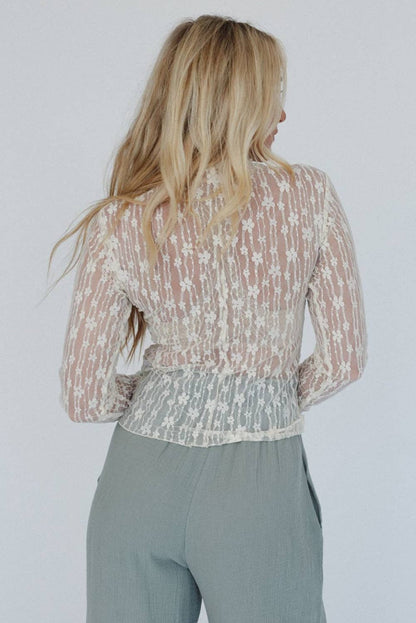 White Sheer Floral Lace Long Sleeve Slim Fit Top