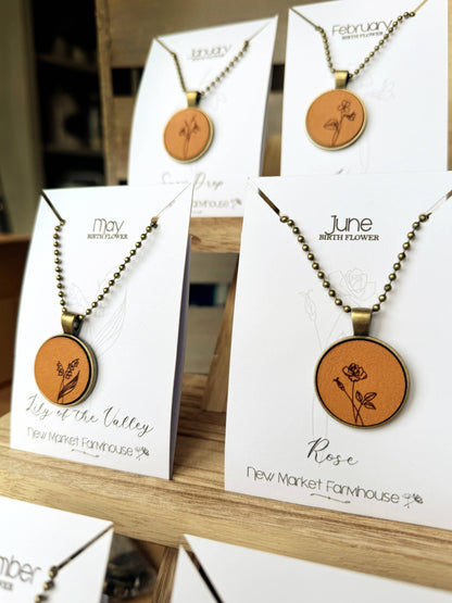 Birth Month Flower Necklaces - Leather Pendant Necklace Set