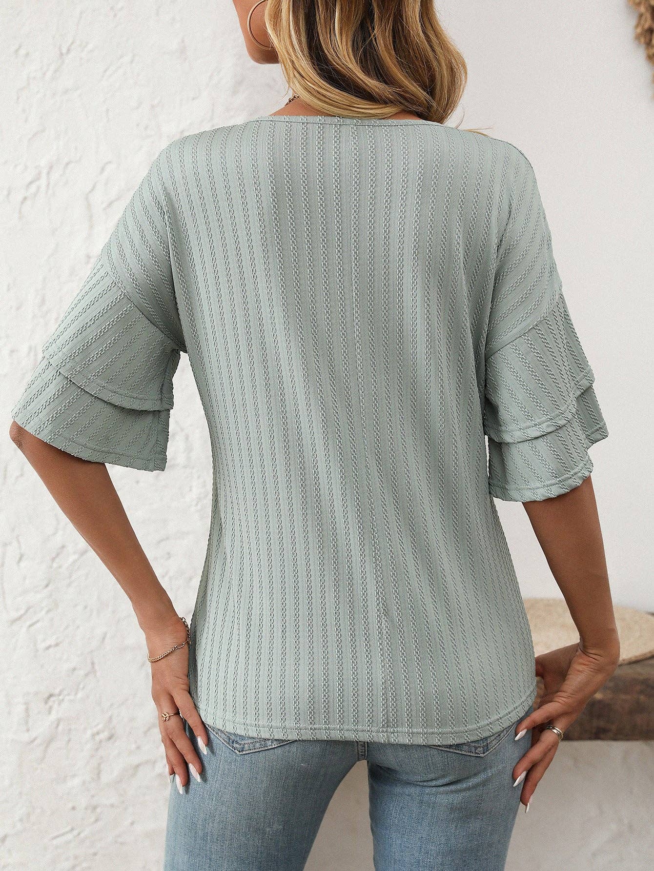 2026 Spring Solid Color V-Neck Ruffle Sleeve ShortSleeve Top