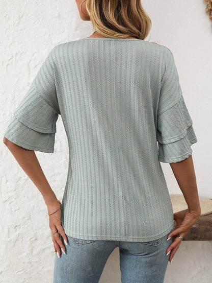 2026 Spring Solid Color V-Neck Ruffle Sleeve ShortSleeve Top