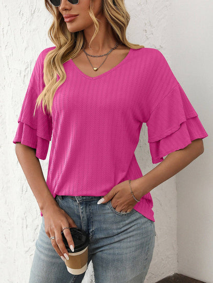 2026 Spring Solid Color V-Neck Ruffle Sleeve ShortSleeve Top