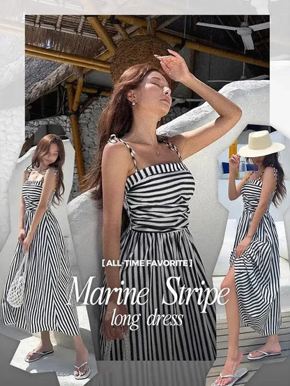 Striped Maxi Dress with Pockets Smocked Bodice