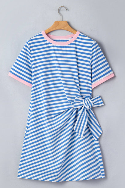 Striped Cotton Knot Front Tee Dress Casual Summer Shift Dress