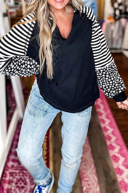 V Neck Colorblock Patchwork Striped Floral Long Sleeve Casual Top