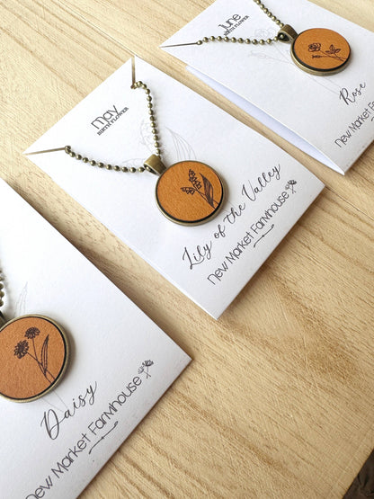 Birth Month Flower Necklaces - Leather Pendant Necklace Set