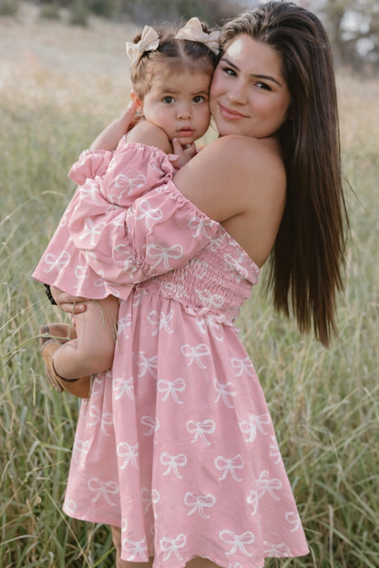 Calliope Puff Sleeve Off Shoulder Dress - Pink Bows