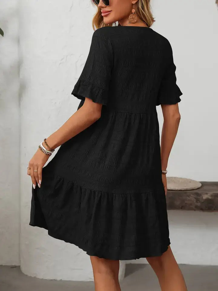 Ruffle Sleeve Tiered Mini Dress Flowy Summer Casual: Bean paste powder / 100% Polyester / XL