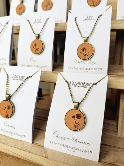 Birth Month Flower Necklaces - Leather Pendant Necklace Set