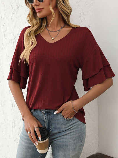 2026 Spring Solid Color V-Neck Ruffle Sleeve ShortSleeve Top