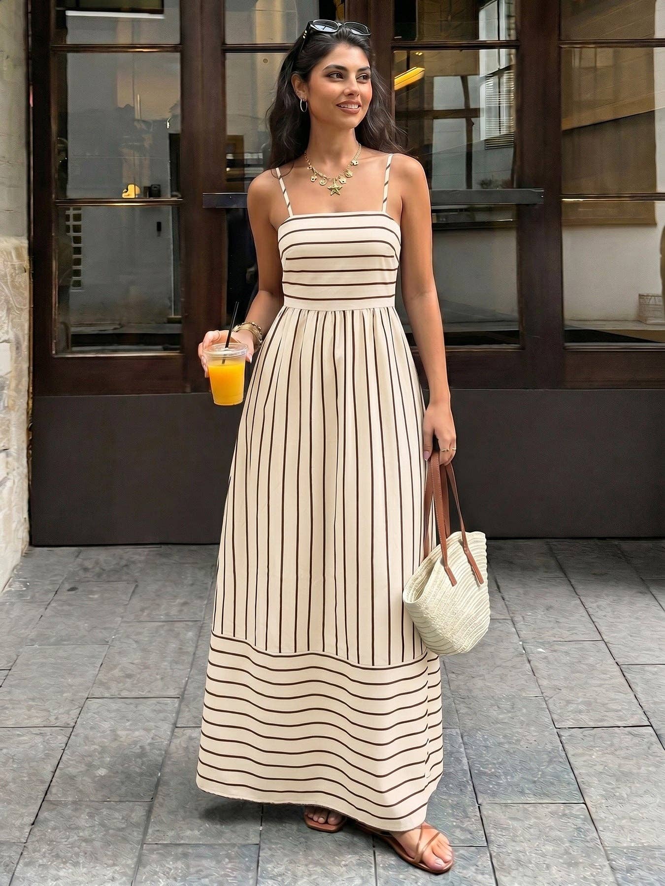 Striped Polyester Maxi Dress Resort Spaghetti Strap