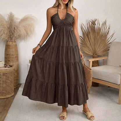 Women’s Halter V Neck Tiered Maxi Dress Backless