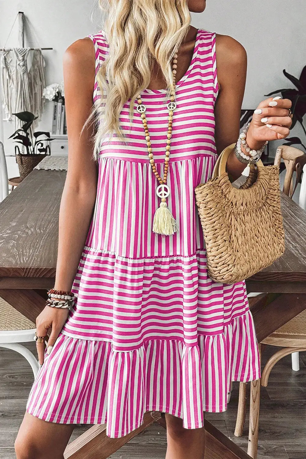 Stripe U-Neck Sleeveless Mini Dress Summer Casual