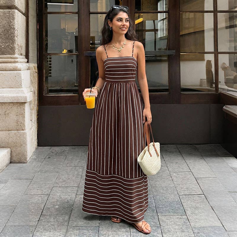 Striped Polyester Maxi Dress Resort Spaghetti Strap