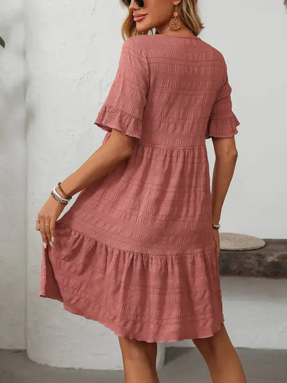 Ruffle Sleeve Tiered Mini Dress Flowy Summer Casual: Bean paste powder / 100% Polyester / 2XL