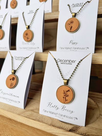 Birth Month Flower Necklaces - Leather Pendant Necklace Set