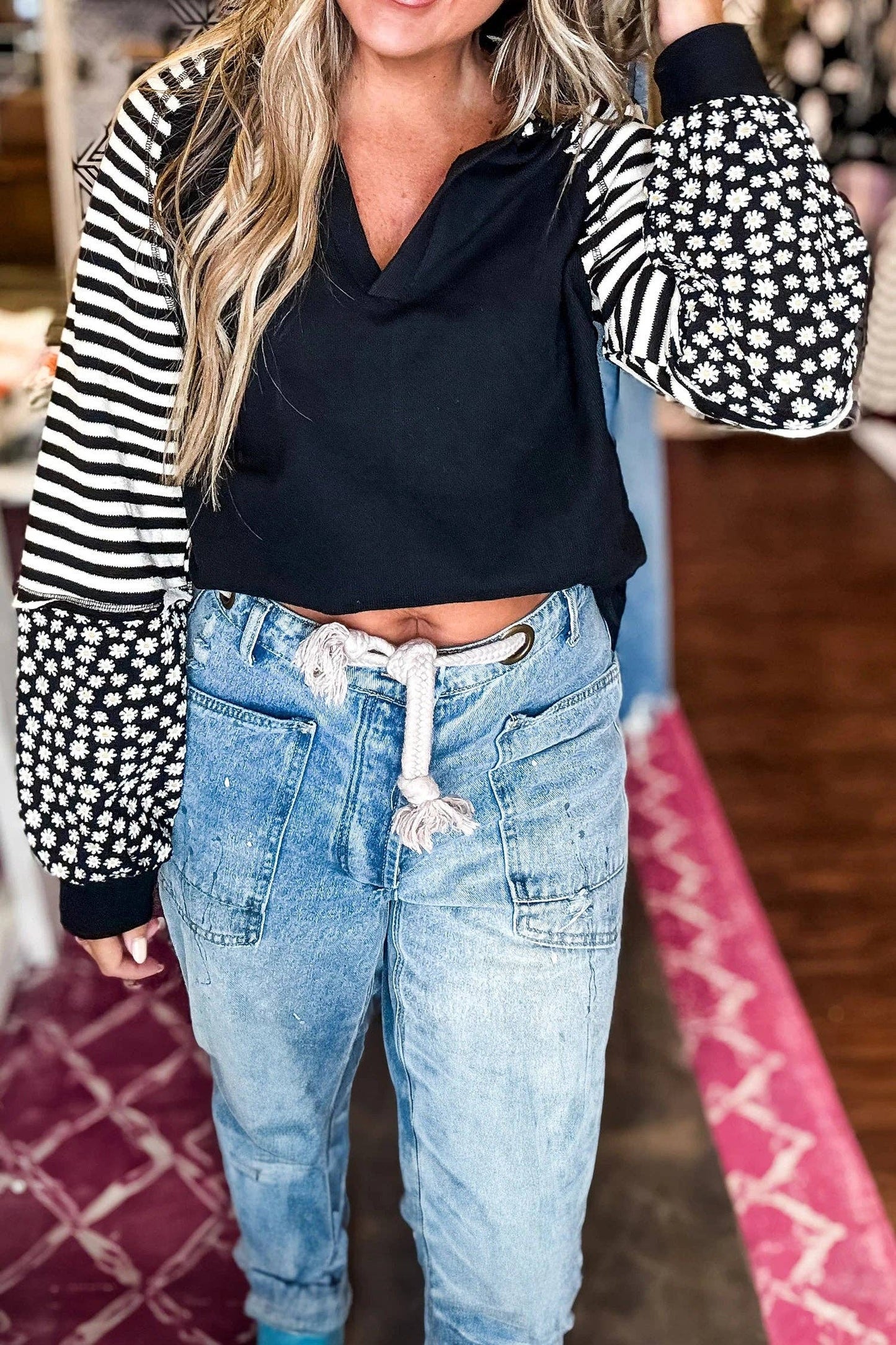 V Neck Colorblock Patchwork Striped Floral Long Sleeve Casual Top