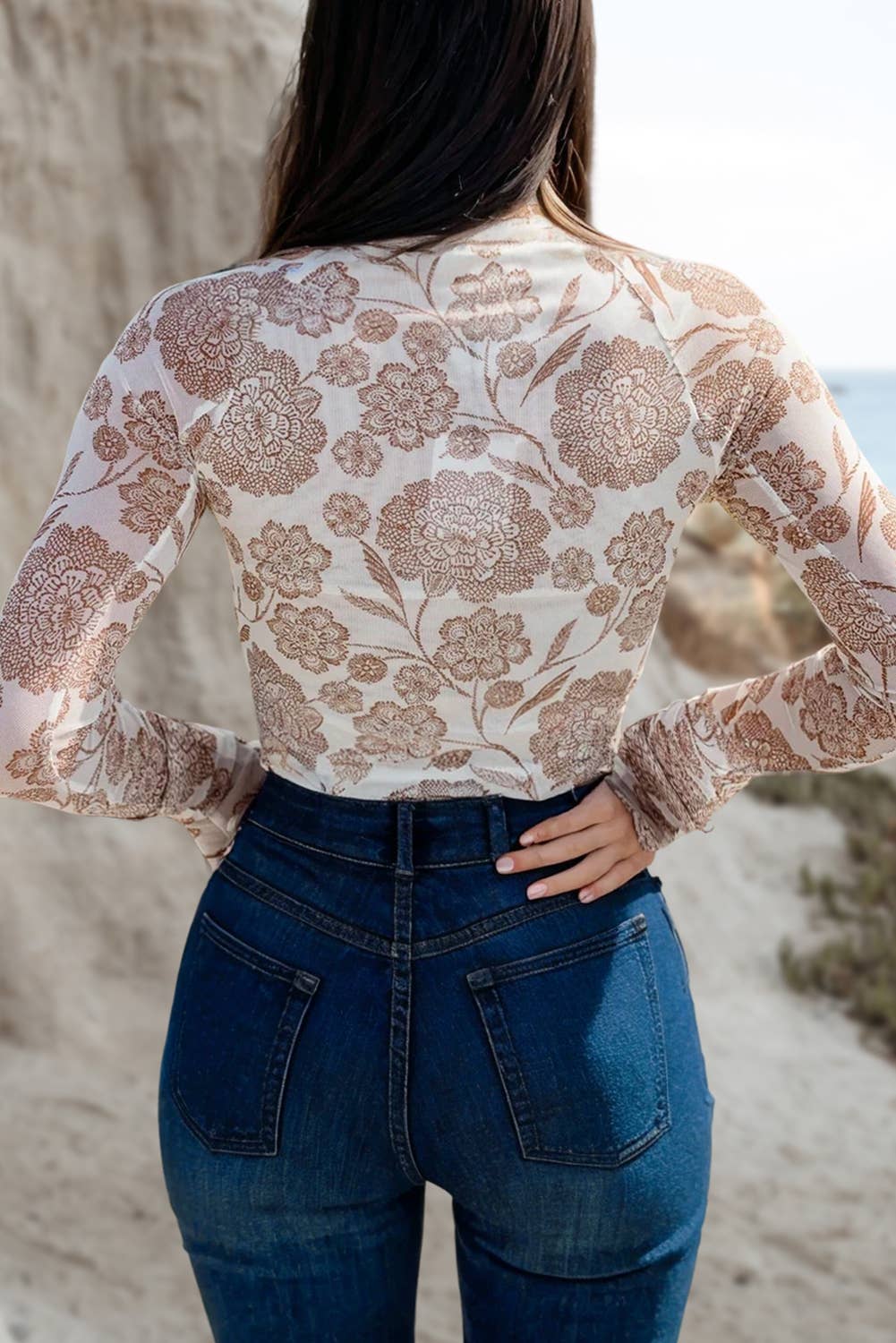 Floral Print Mesh Thumbhole Long Sleeve Top | S-XL