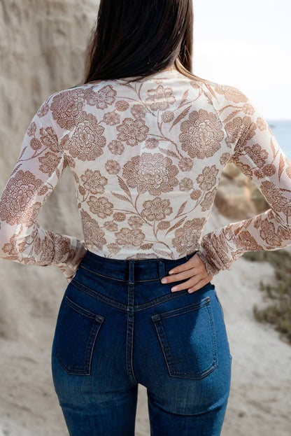 Floral Print Mesh Thumbhole Long Sleeve Top | S-XL