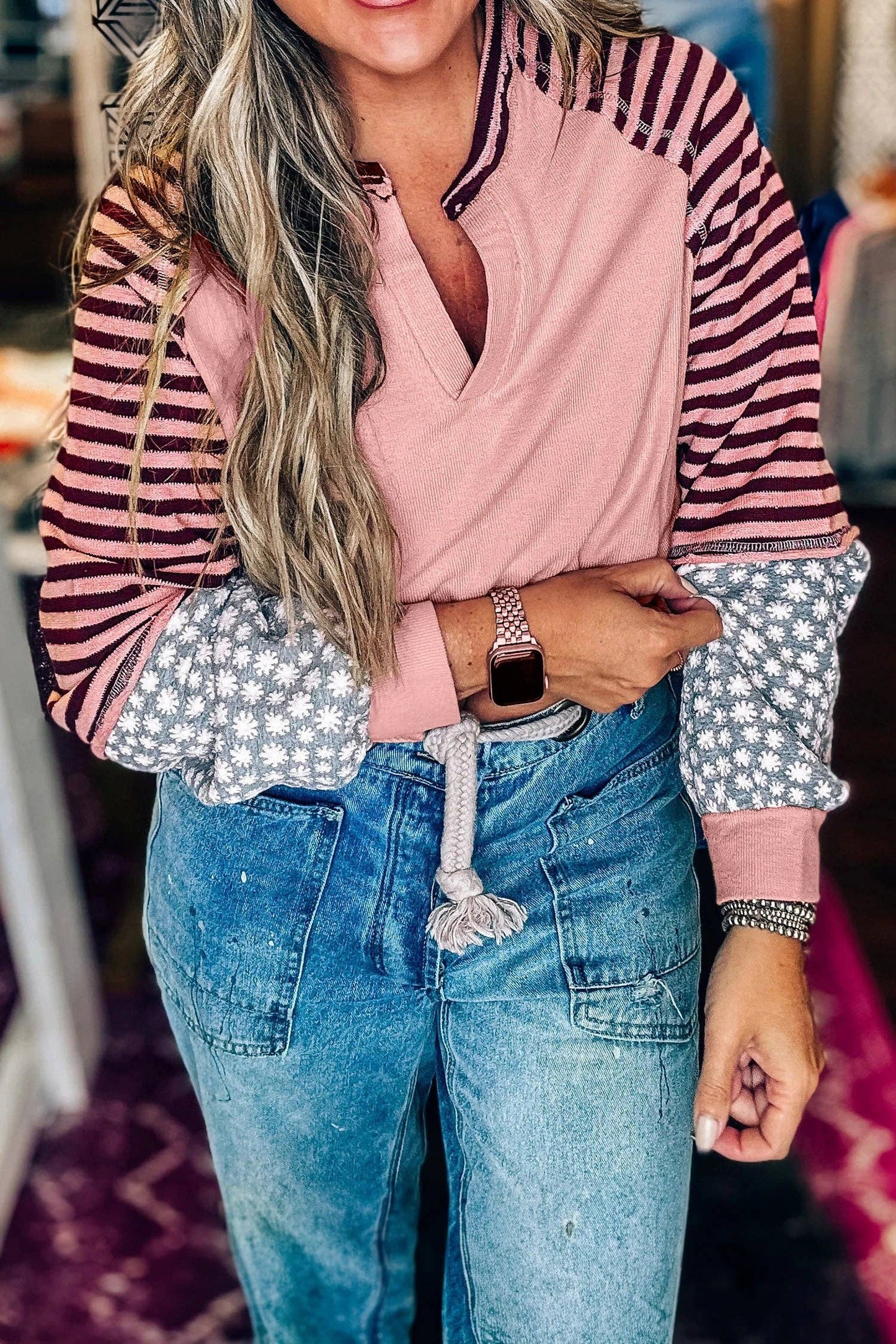 V Neck Colorblock Patchwork Striped Floral Long Sleeve Casual Top