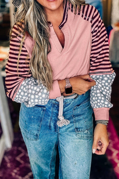 V Neck Colorblock Patchwork Striped Floral Long Sleeve Casual Top
