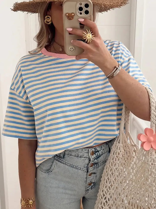 Stripe Contrast Crew Neck Drop Shoulder Loose Tee