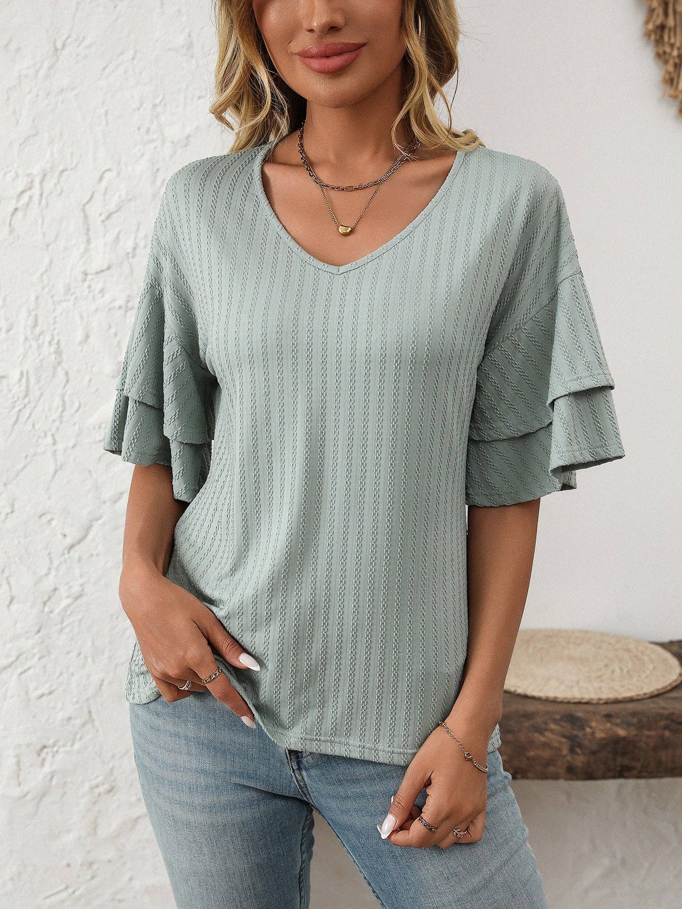 2026 Spring Solid Color V-Neck Ruffle Sleeve ShortSleeve Top